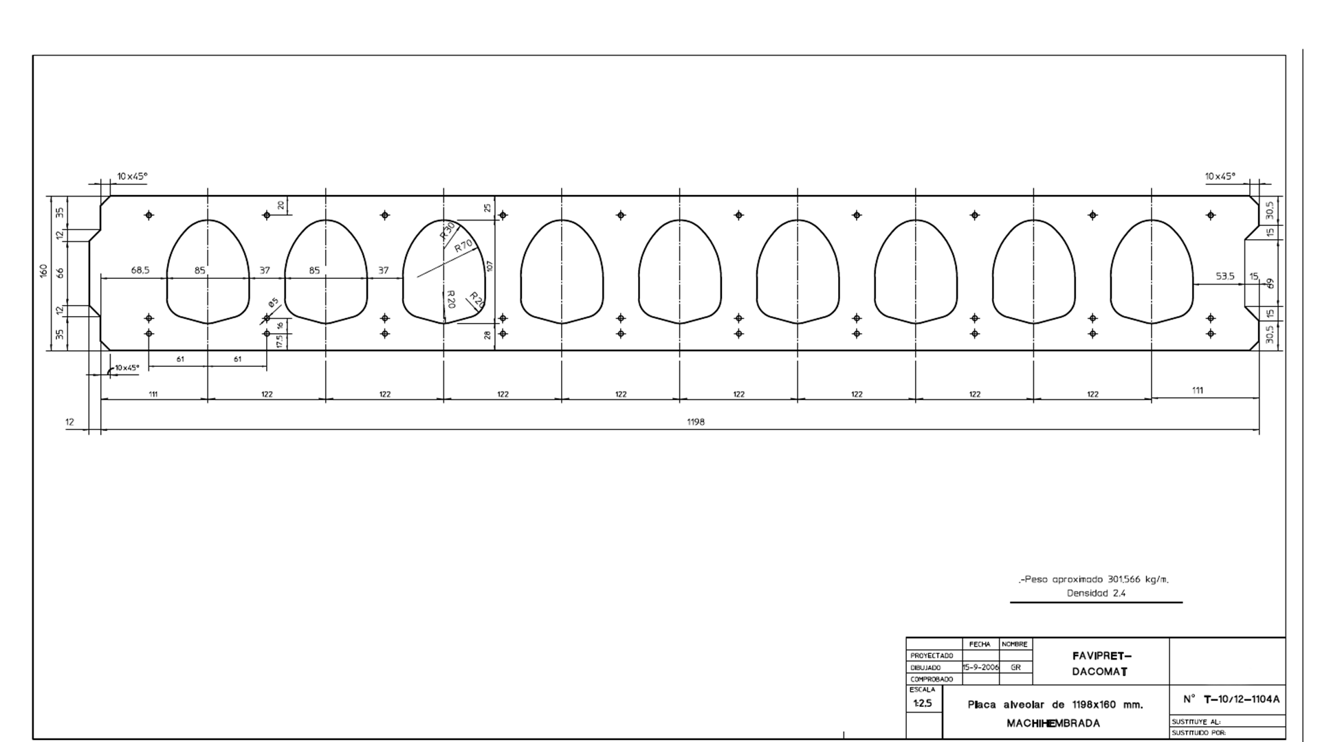Placa alveolar machihembrada de 1198x160mm, plano de fábrica
